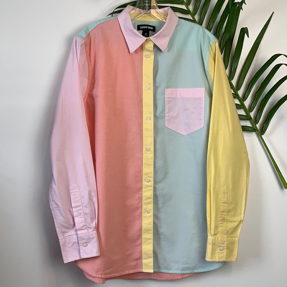 Lands' End Tops - Lands End Pastel Colorblock Long Sleeve Button Up Women’s Medium 10-12
